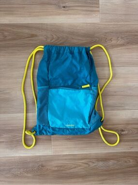 Lands' End Teal and Aqua Drawstring Backpack with Yellow Cords